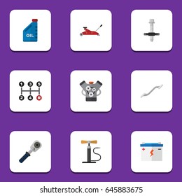 Flat Auto Set Of Accumulator, Ratchet, Motor And Other Vector Objects. Also Includes Accumulator, Battery, Lifting Elements.