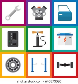 Flat Auto Set Of Accumulator, Wheel Pump, Automobile Part And Other Vector Objects. Also Includes Wrench, Carrying, Door Elements.