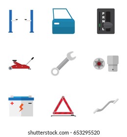 Flat Auto Set Of Automobile Part, Lifting, Coupler And Other Vector Objects. Also Includes Part, Stop, Car Elements.