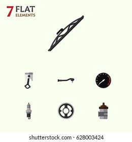 Flat Auto Set Of Belt, Absorber, Tachometr And Other Vector Objects. Also Includes Engine, Conrod, Pulley Elements.