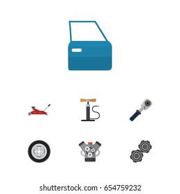 Flat Auto Set Of Belt, Automobile Part, Lifting And Other Vector Objects. Also Includes Lifting, Tire, Door Elements.