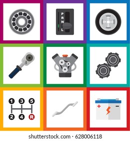 Flat Auto Set Of Belt, Carrying, Brake Disk And Other Vector Objects. Also Includes Motor, Automatic, Transmission Elements.