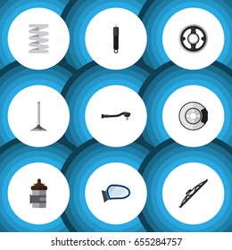 Flat Auto Set Of Belt, Metal, Auto Component And Other Vector Objects. Also Includes Wing, Wiper, Disk Elements.