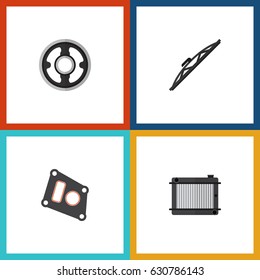 Flat Auto Set Of Belt, Windshield, Gasket And Other Vector Objects. Also Includes Packing, Heater, Thermostat Elements.