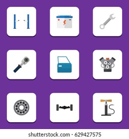 Flat Auto Set Of Brake Disk, Motor, Ratchet And Other Vector Objects. Also Includes Battery, Spanner, Lifting Elements.