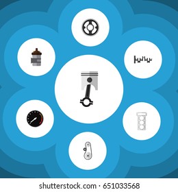 Flat Auto Set Of Cambelt, Belt, Absorber And Other Vector Objects. Also Includes Tachometr, Packing, Gasket Elements.