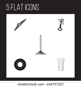 Flat Auto Set Of Car Segment, Wheel, Windshield And Other Vector Objects. Also Includes Wiper, Valve, Wheel Elements.