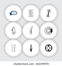 Flat Auto Set Of Auto Component, Crankshaft, Belt And Other Vector Objects. Also Includes Plug, Silencer, Wing Elements.
