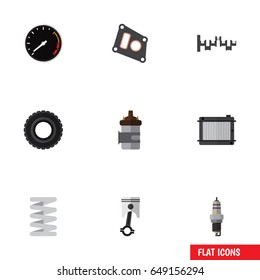 Flat Auto Set Of Crankshaft, Heater, Absorber And Other Vector Objects. Also Includes Shafts, Spark, Tire Elements.