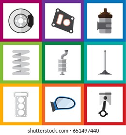 Flat Auto Set Of Gasket, Silencer, Conrod And Other Vector Objects. Also Includes Muffler, Spring, Conrod Elements.