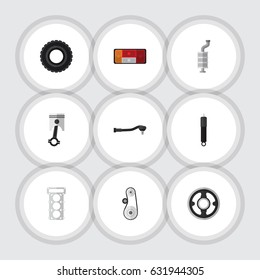 Flat Auto Set Of Headlight, Belt, Input Technology And Other Vector Objects. Also Includes Cambelt, Headlight, Spherical Elements.