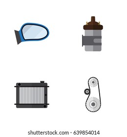 Flat Auto Set Of Heater, Auto Component, Absorber And Other Vector Objects. Also Includes Heater, Radiator, Cambelt Elements.