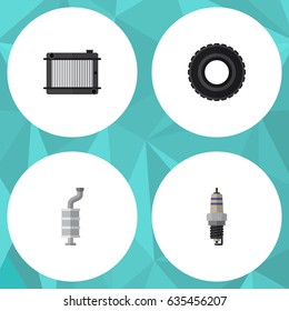 Flat Auto Set Of Heater, Silencer, Wheel And Other Vector Objects. Also Includes Wheel, Thermostat, Car Elements.
