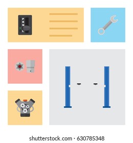 Flat Auto Set Of Auto Jack, Automatic Transmission, Motor And Other Vector Objects. Also Includes Lifting, Carrying, Star Elements.