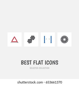 Flat Auto Set Of Auto Jack, Belt, Warning And Other Vector Objects. Also Includes Warning, Ball, Bearing Elements.