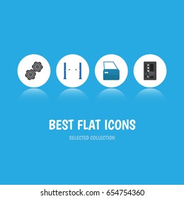 Flat Auto Set Of Auto Jack, Belt, Automatic Transmission And Other Vector Objects. Also Includes Belt, Carrying, Pulley Elements.