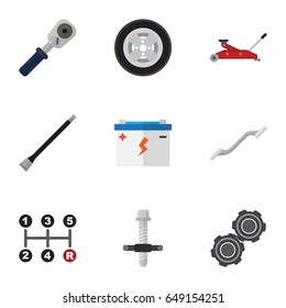 Flat Auto Set Of Lifting, Carrying, Tire And Other Vector Objects. Also Includes Block, Manual, Puller Elements.