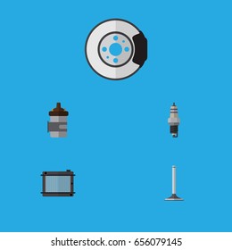 Flat Auto Set Of Metal, Heater, Absorber And Other Vector Objects. Also Includes Valve, Engine, Heater Elements.