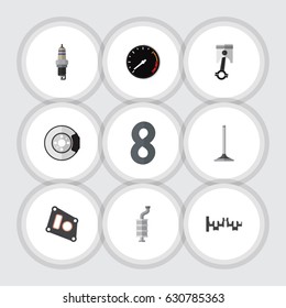 Flat Auto Set Of Metal, Steels Shafts, Spare Parts And Other Vector Objects. Also Includes Speedometer, Valve, Silencer Elements.