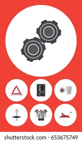 Flat Auto Set Of Motor, Automatic Transmission, Warning And Other Vector Objects. Also Includes Transmission, Belt, Motor Elements.