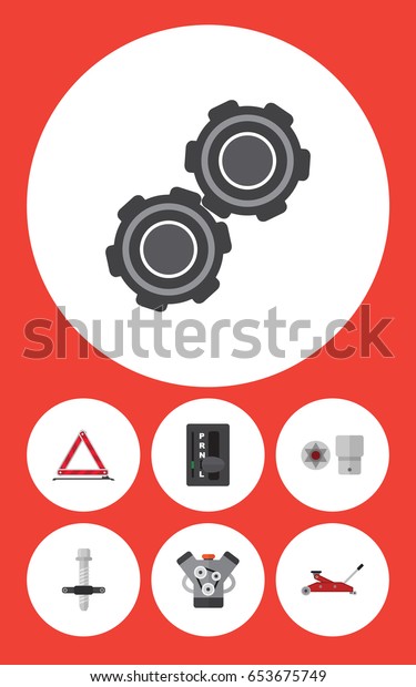 Flat Auto Set Of Motor, Automatic Transmission,\
Warning And Other Vector Objects. Also Includes Transmission, Belt,\
Motor Elements.