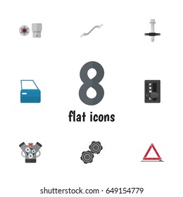 Flat Auto Set Of Motor, Automobile Part, Turnscrew And Other Vector Objects. Also Includes Carrying, Automatic, Star Elements.