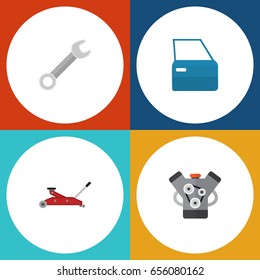 Flat Auto Set Of Motor, Automobile Part, Lifting And Other Vector Objects. Also Includes Door, Motor, Automobile Elements.