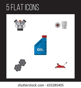 Flat Auto Set Of Motor, Belt, Lifting And Other Vector Objects. Also Includes Car, Oil, Petrol Elements.