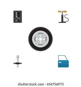 Flat Auto Set Of Muffler, Automobile Part, Automatic Transmission And Other Vector Objects. Also Includes Car, Puller, Carrying Elements.