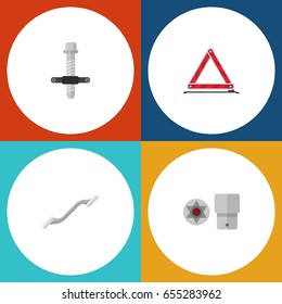 Flat Auto Set Of Muffler, Turnscrew, Warning And Other Vector Objects. Also Includes Car, Coupler, Block Elements.