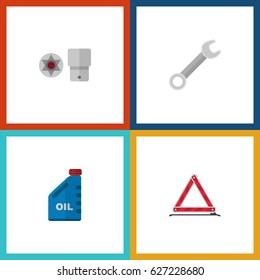 Flat Auto Set Of Petrol, Spanner, Warning And Other Vector Objects. Also Includes Key, Stop, Warning Elements.