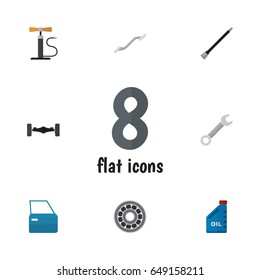 Flat Auto Set Of Petrol, Spanner, Coupler And Other Vector Objects. Also Includes Petrol, Pumping, Car Elements.