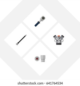 Flat Auto Set Of Pipeline, Motor, Ratchet And Other Vector Objects. Also Includes Car, Star, Pipeline Elements.