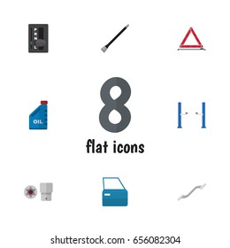 Flat Auto Set Of Pipeline, Petrol, Automobile Part And Other Vector Objects. Also Includes Automobile, Turnscrew, Jack Elements.