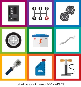 Flat Auto Set Of Ratchet, Belt, Accumulator And Other Vector Objects. Also Includes Jerrycan, Manual, Pulley Elements.