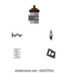 Flat Auto Set Of Spare Parts, Crankshaft, Absorber And Other Vector Objects. Also Includes Absorber, Steel, Engine Elements.