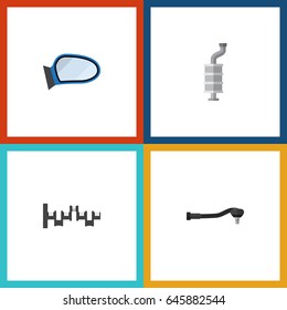 Flat Auto Set Of Steels Shafts, Silencer, Auto Component And Other Vector Objects. Also Includes Tool, Car, Wing Elements.