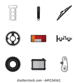 Flat Auto Set Of Steels Shafts, Combustion, Packing And Other Vector Objects. Also Includes Gasket, Radiator, Packing Elements.