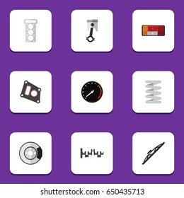 Flat Auto Set Of Steels Shafts, Metal, Headlight And Other Vector Objects. Also Includes Auto, Speedometer, Packing Elements.