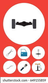 Flat Auto Set Of Suspension, Muffler, Coupler And Other Vector Objects. Also Includes Pumping, Car, Suspension Elements.