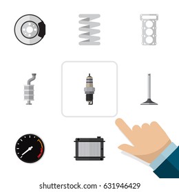 Flat Auto Set Of Tachometr, Car Segment, Heater And Other Vector Objects. Also Includes Speedometer, Muffler, Segment Elements.