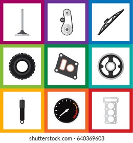 Flat Auto Set Of Tachometr, Windshield, Cambelt And Other Vector Objects. Also Includes Wheel, Pulley, Auto Elements.