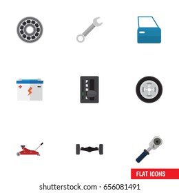 Flat Auto Set Of Tire, Ratchet, Suspension And Other Vector Objects. Also Includes Carrying, Transmission, Ratchet Elements.