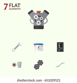 Flat Auto Set Of Turnscrew, Motor, Coupler And Other Vector Objects. Also Includes Ratchet, Pulley, Car Elements.