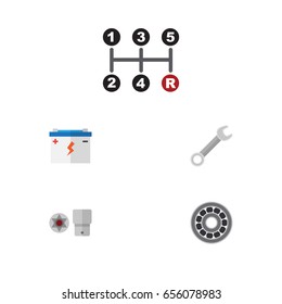 Flat Auto Set Of Turnscrew, Spanner, Brake Disk And Other Vector Objects. Also Includes Ball, Car, Disk Elements.