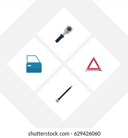 Flat Auto Set Of Warning, Automobile Part, Ratchet And Other Vector Objects. Also Includes Coupler, Car, Warning Elements.