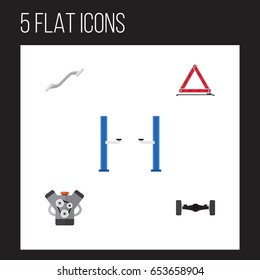 Flat Auto Set Of Warning, Suspension, Auto Jack And Other Vector Objects. Also Includes Warning, Axis, Automobile Elements.