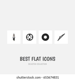 Flat Auto Set Of Windshield, Spare Parts, Belt And Other Vector Objects. Also Includes Plug, Belt, Windshield Elements.