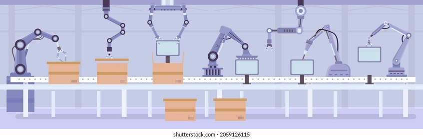 Flat automated robot arms on factory assembly line. Manufacture conveyor with products and boxes. Industry automation machine vector concept. Innovative equipment packing cardboard cartons