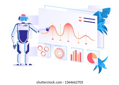 Flat Automation Robot For Data Analysis With Graphs. Concept Isolated Character With Finance Diagram, Automated Management. Vector Illustration.